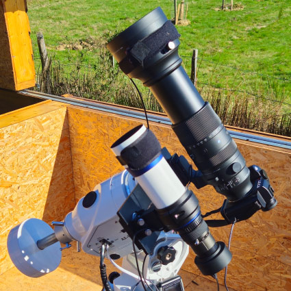 Montage de mon appareil photo Leica SL2+ Sigma 60-600 mm+ petite lunette TS de 240 mm + Lacerta MGen II sur une monture SkyWatcher AZ-EQ6 pour photographier les étoiles.