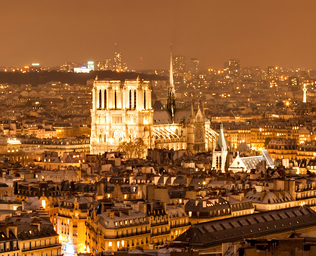 Détail sur les toits de Paris et Notre-Dame-de-Paris de nuit 